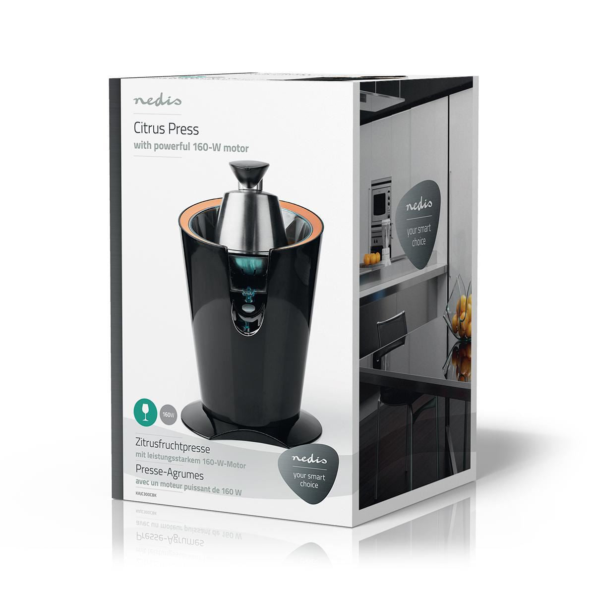 Nedis Citrus Juicer Press, 160W Powerful Juice Squeezer, with Stainless Steel Spout and Anti-Drip Function - Black