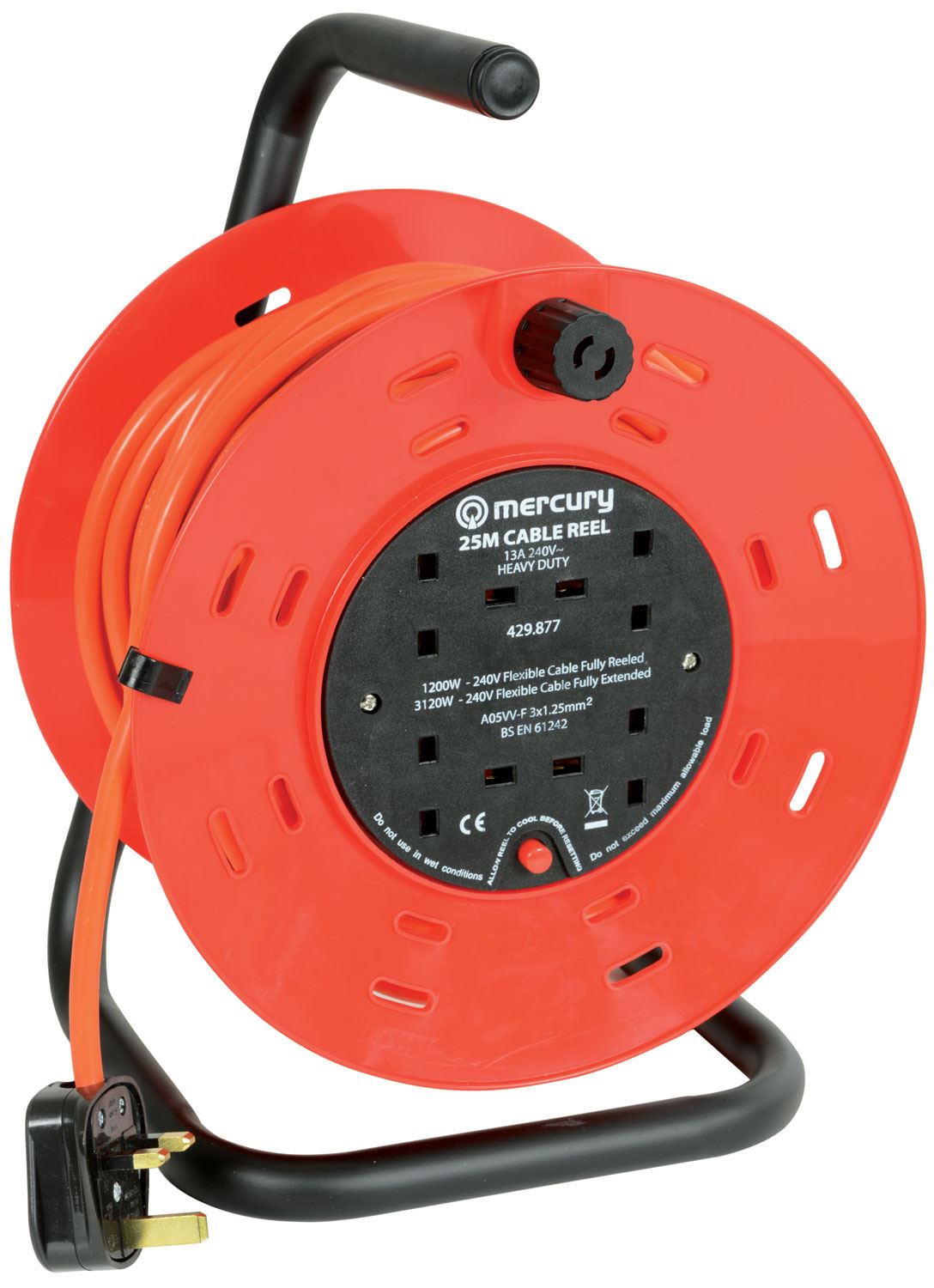 Mercury 25m Meter 4 Way Gang Mains Extension Reel Drum with Thermal Cut Out 13A