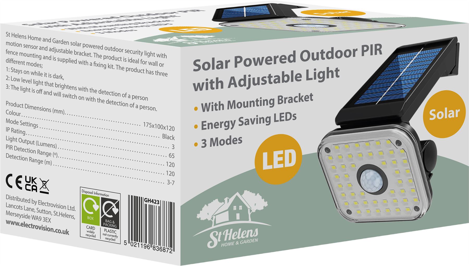 Solar Powered Security Light Outdoor PIR Motion Sensor with 3 Adjustable Modes IP65 Water Resistant for Garden