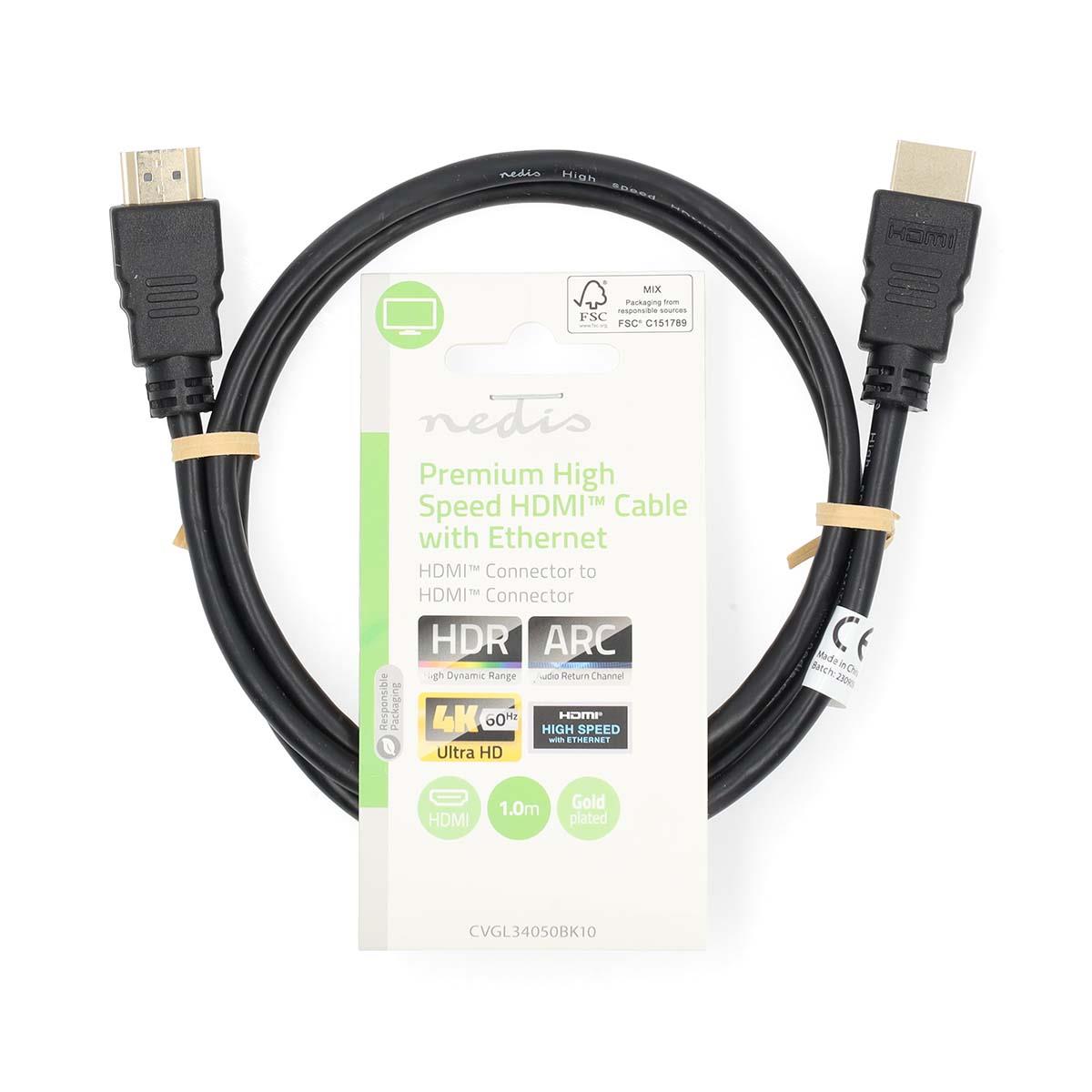 Nedis Premium High Speed HDMI™ Cable with Ethernet | HDMI™ Connector | HDMI™ Connector | 4K@60Hz | 18 Gbps | 1.00 m | Round | PVC | Black | Label