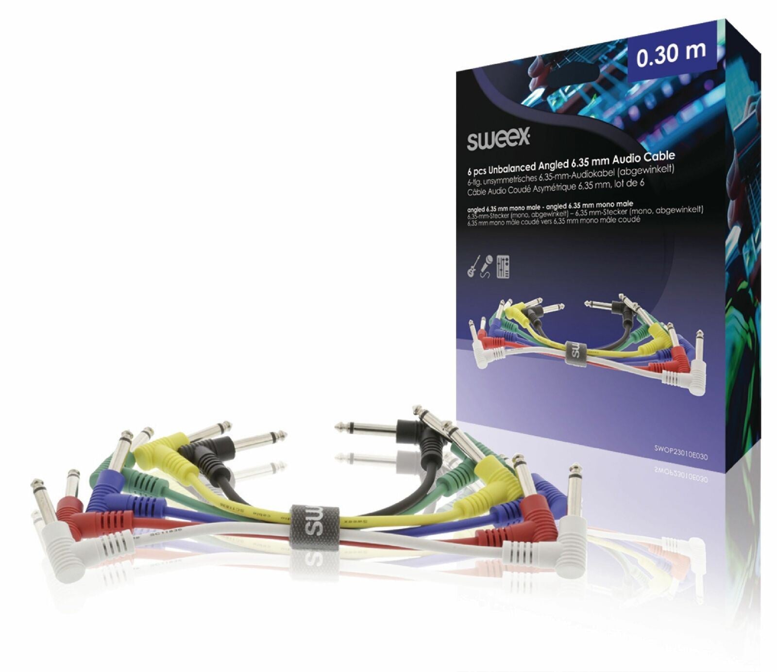 Sweex 90 Degree Guitar Patch Leads Pedal Effects Cable 6.35mm Pack of 6 30cm