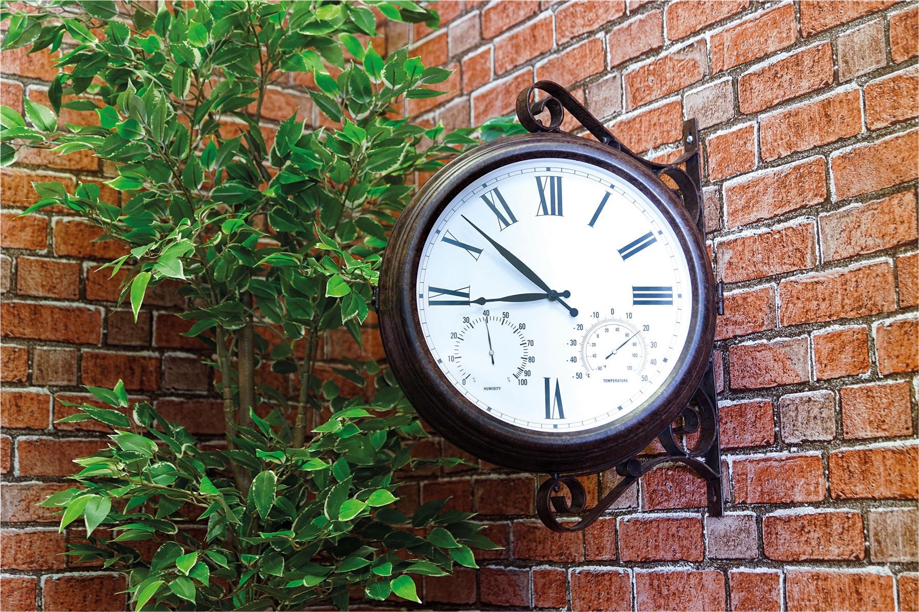 Double Sided Outdoor Station Wall Clock Hanging Vintage Style Aged Bronze Effect Metal with Thermometer and Hygrometer