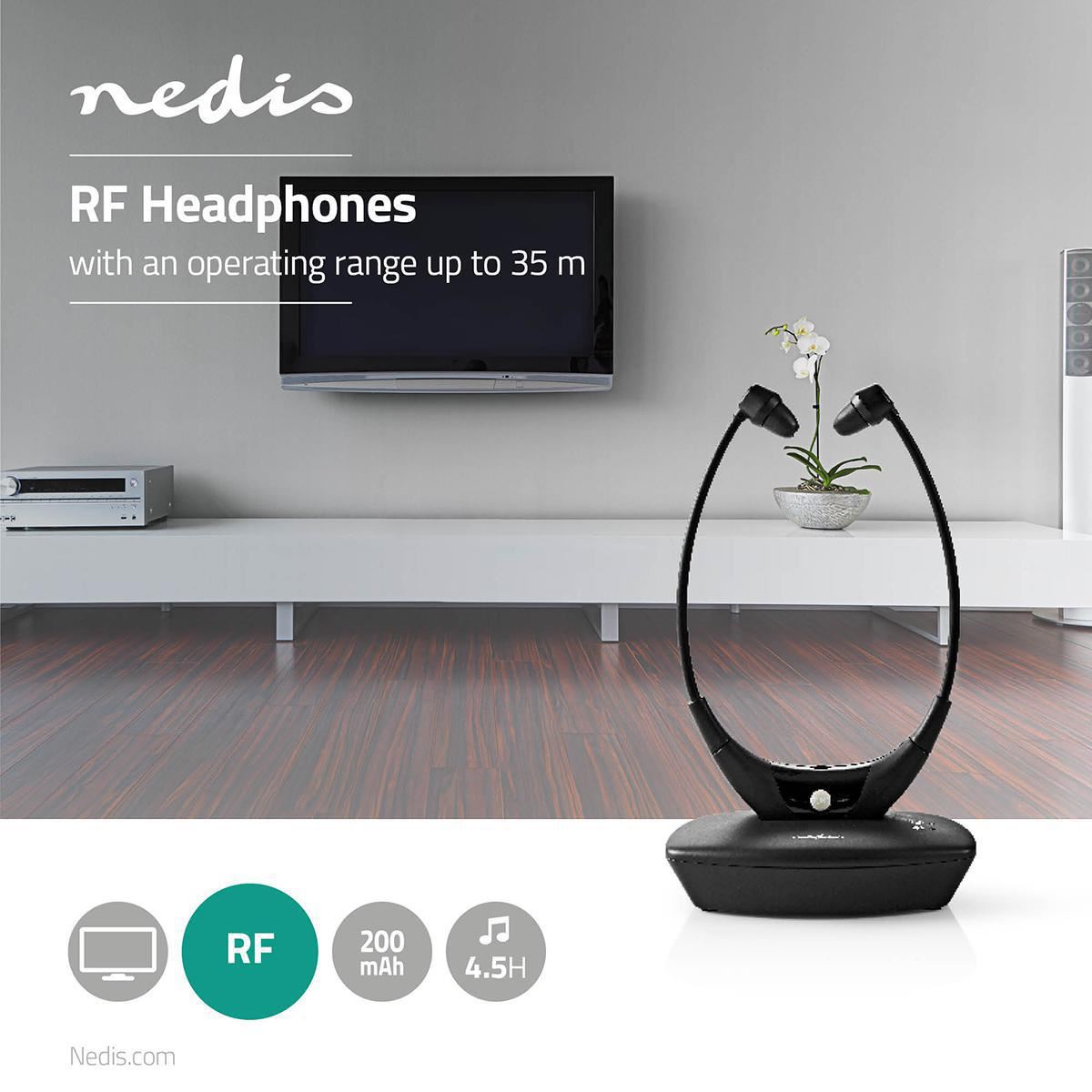 Nedis Wireless TV Headphones | RF, frequency 868 Mhz | In-Ear | Maximum battery play time: 4.5 hrs | 35 m | Digital Audio | Charging dock | Balance control | Black