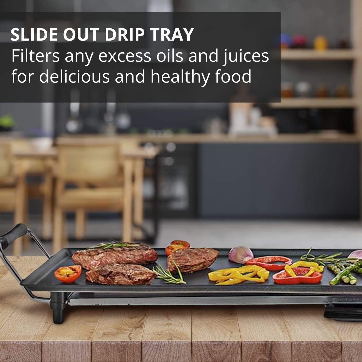 MELISSA Teppanyaki Grill Plate, Large Non-Stick Table Top Griddle with 90cm x 20cm Hot Plate, Adjustable Temperature Control and Drip Tray, 1800W - Black