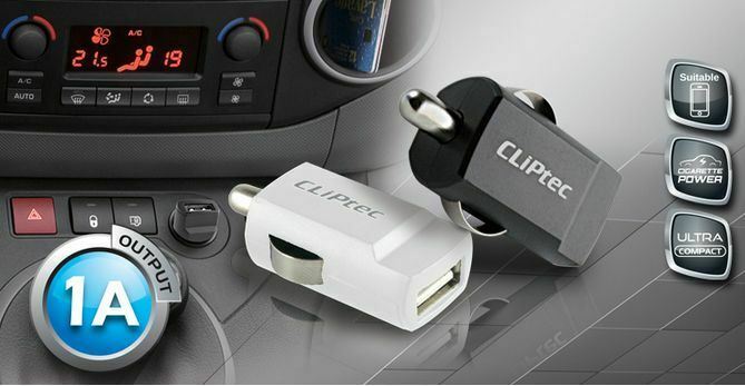 CLiPtec 1A USB Micro Car Charger Cigarette AUX - Black