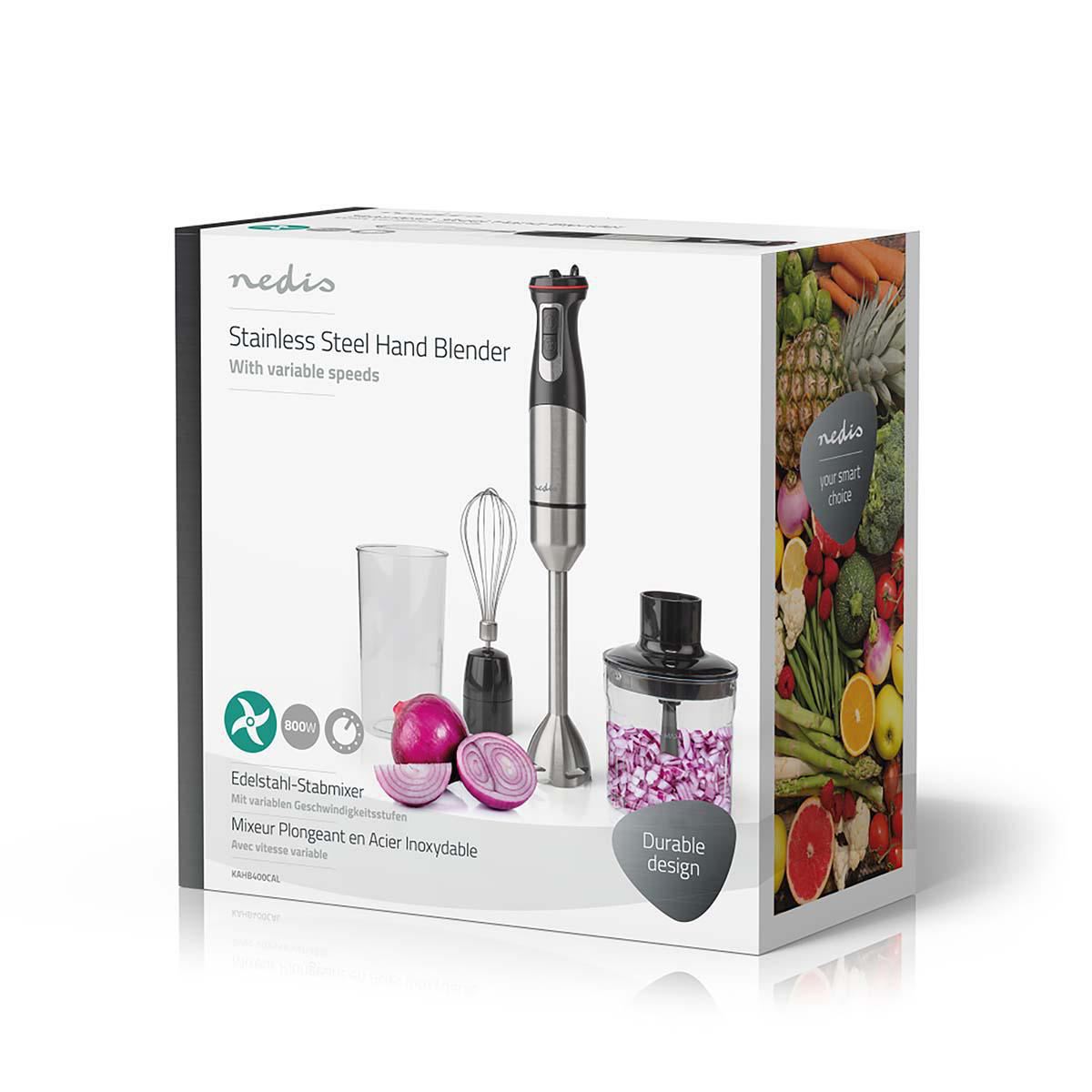 Nedis 3 in 1 Hand Blender, 800W Mini Chopper Food Processor, Immersion Blender and Electric Whisk, with 500ml Chopper Bowl and 900ml Beaker - Silver/Black