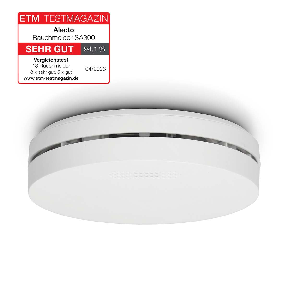 Alecto SA300 Ultra Thin Smoke detector with Hush Button | >85 dB | 10 Year Battery Included | EN14604:2005/AC:2008 | White