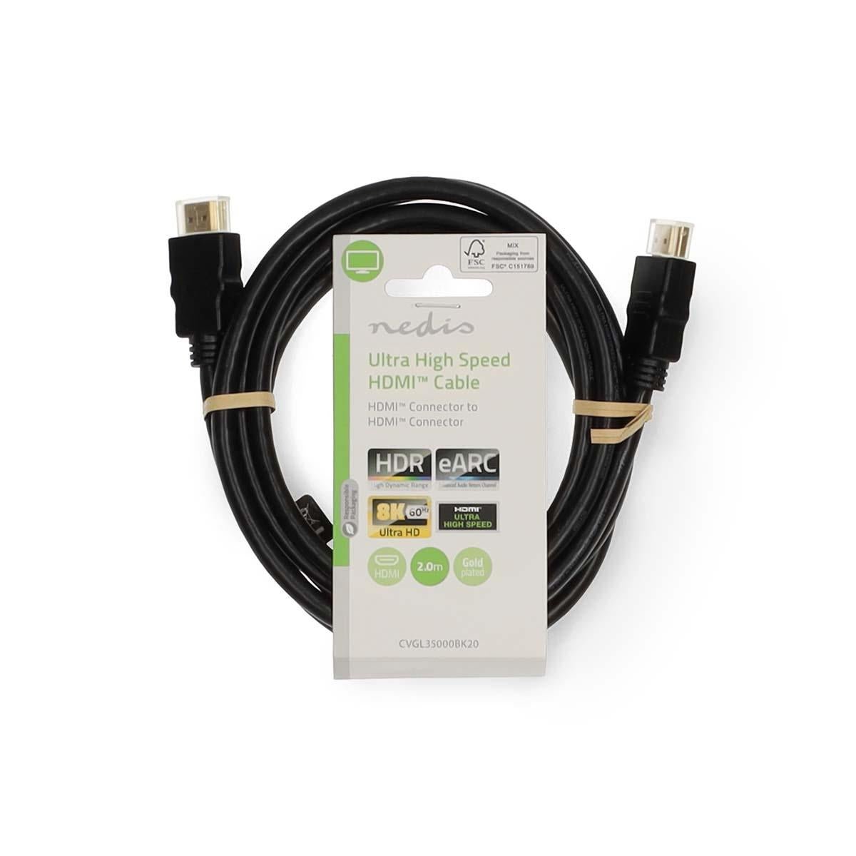 Nedis Ultra High Speed HDMI™ Cable | HDMI™ Connector | HDMI™ Connector | 8K@60Hz | 48 Gbps | 2.00 m | Round | 6.5 mm | Black | Label