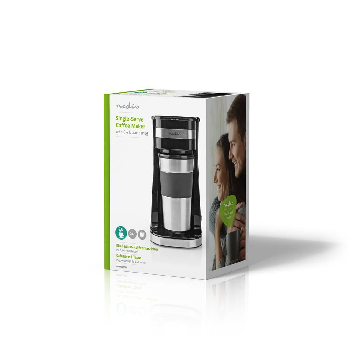 Nedis Single Serve 1 Cup Electric Filter Coffee Maker + 0.42L Double Wall Travel Mug - Black