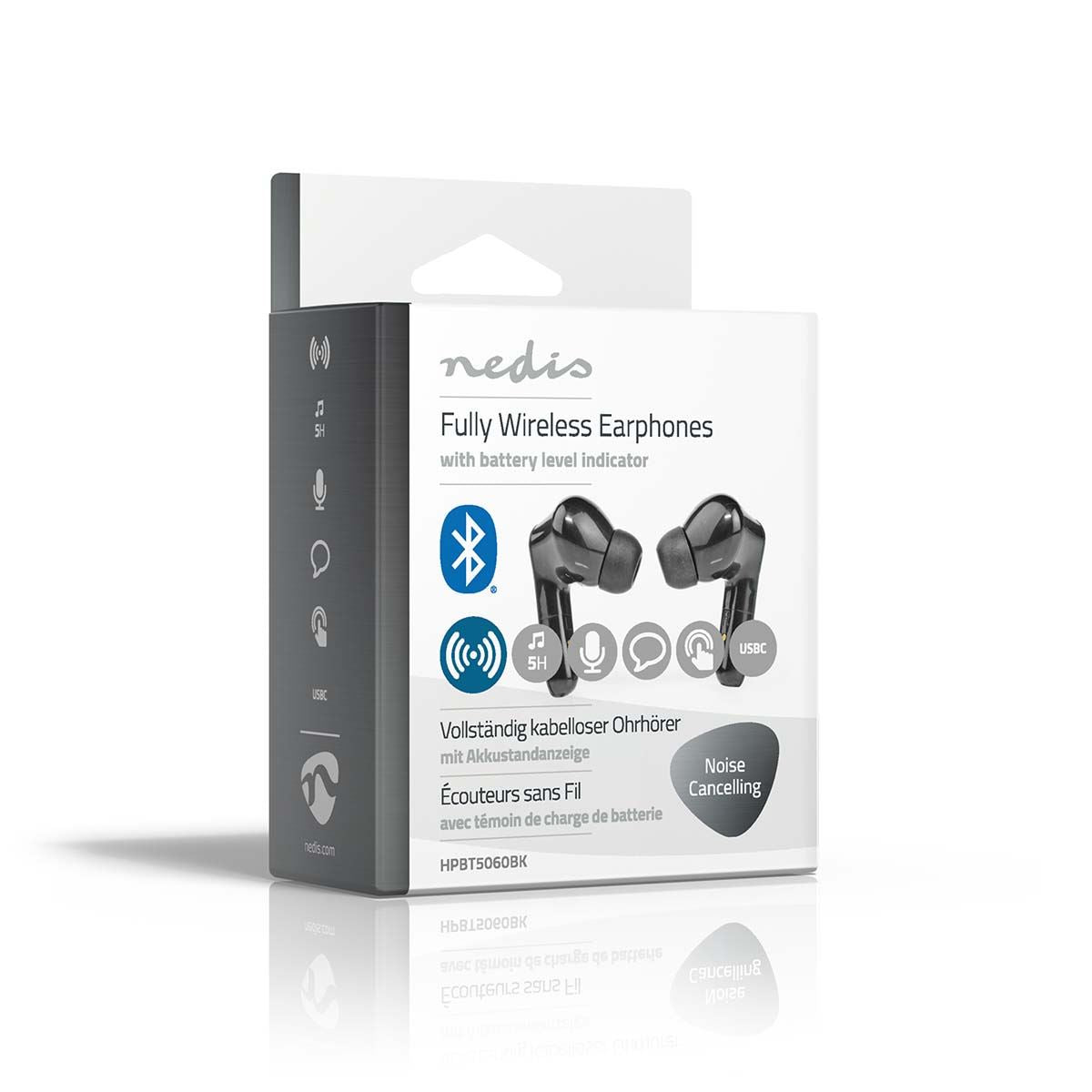 Nedis Fully Wireless ANC Earphones Bluetooth 5.0 with Touch Control, Up to 5 Hours Playtime, Charging Case with Display, Built-in Microphone, USB Type-C Charging