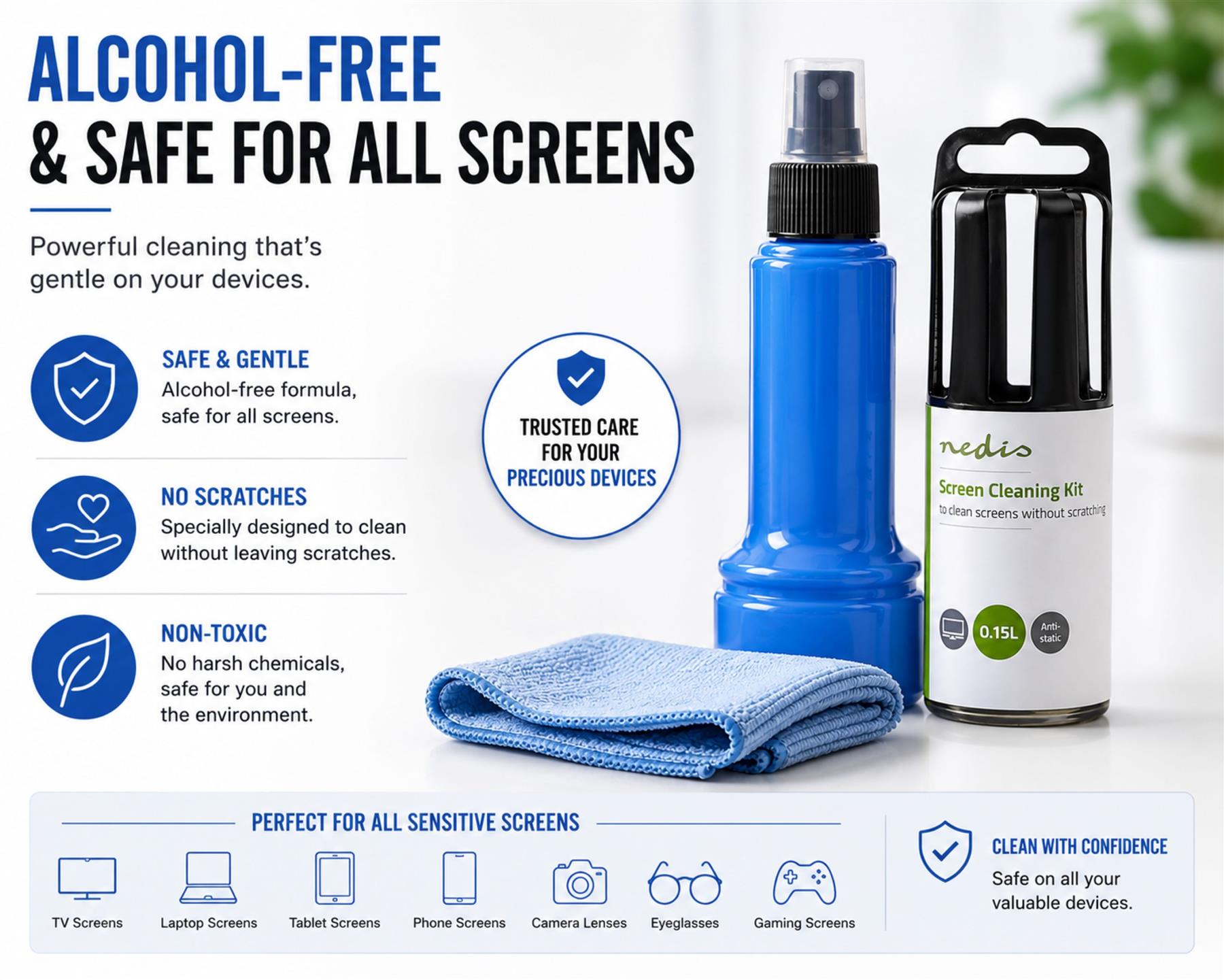 Nedis Screen Cleaner Kit for LCD, LED & Plasma TV, PC, Phone & Tablet, 150 ml Spray & Cloth