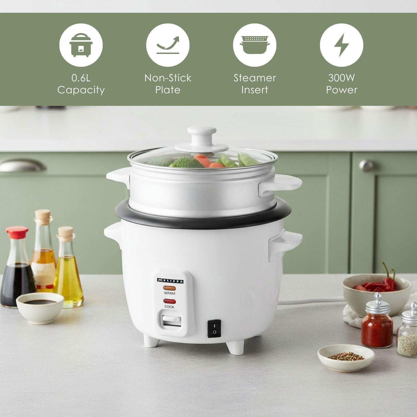 MELISSA 0.6L Rice Cooker & Steamer with Keep-Warm Function, 300W, for 1-2 People, Quick Preparation Without Burning, Non-Stick Coating incl. Steamer Insert