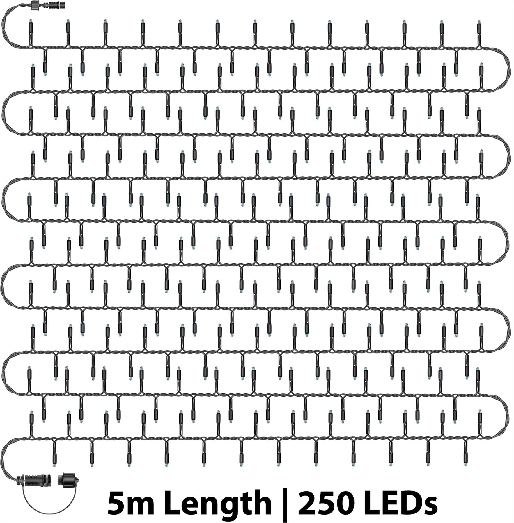 5m Easy-Connect RGB Colour Changing 250 LED Cluster String Lights With Interconnectable Black Rubber Cable