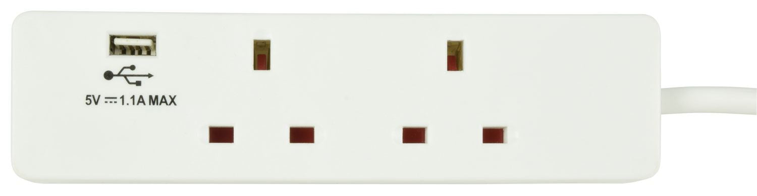 2m Desktop Mains Extension 2 Gang with USB Charger Port - White
