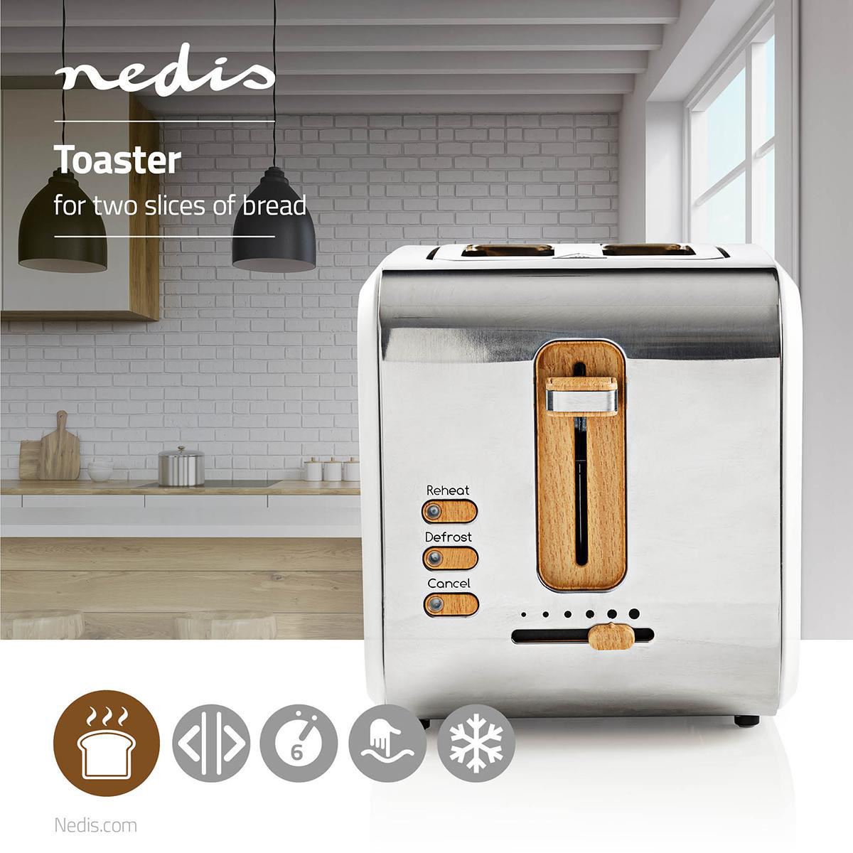 Nedis Soft Touch Toaster, 2 Slice, 6 Browning Levels, Defrost Cancel Reheat Functions, Cool Touch, White