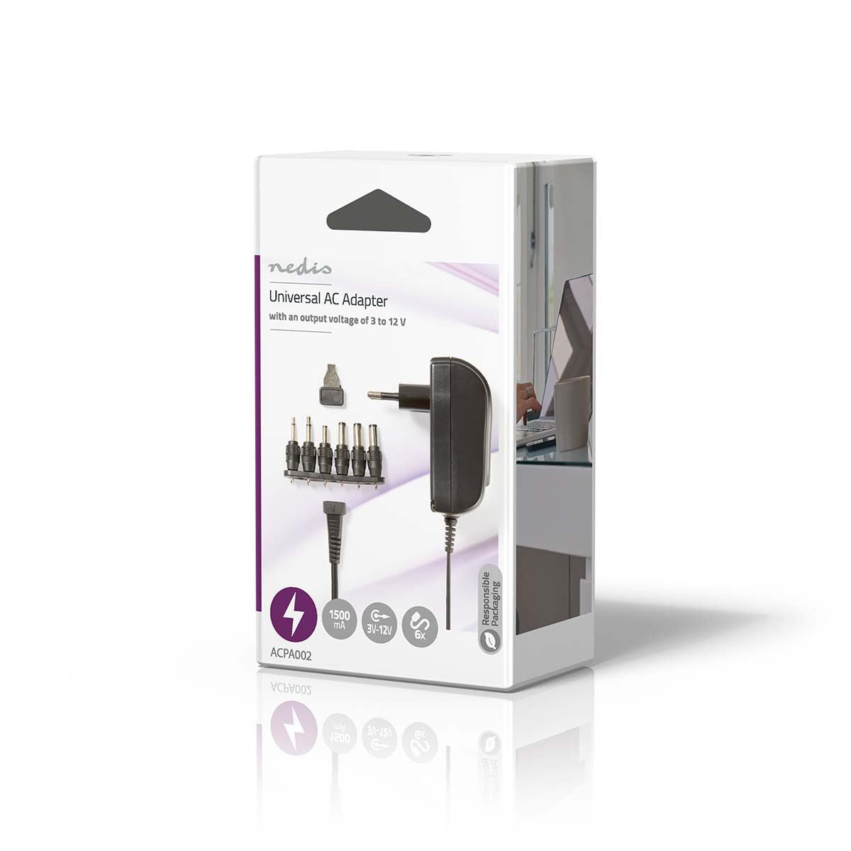 Nedis EU European Universal AC Power Adapter | 18 W | 3 - 12 V DC | 1.80 m | 1.5 / 2.1 A | 6 plug(s) | Black