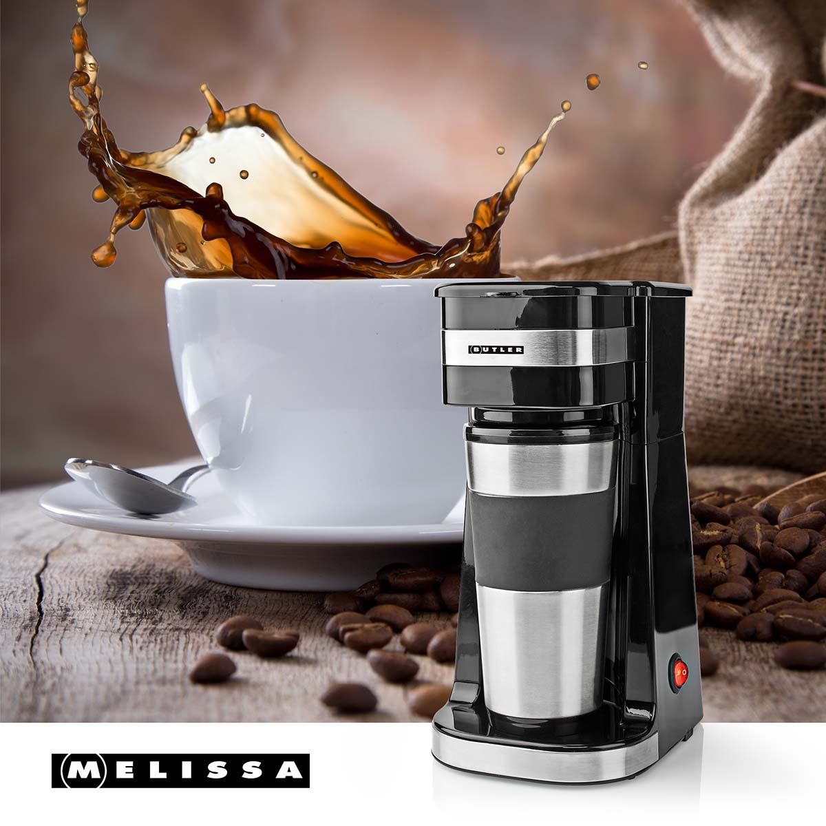 Butler Single Serve Coffee Maker with 400ml Travel Mug, Double Wall Insulated, Stainless Steel, with Reusable Filter