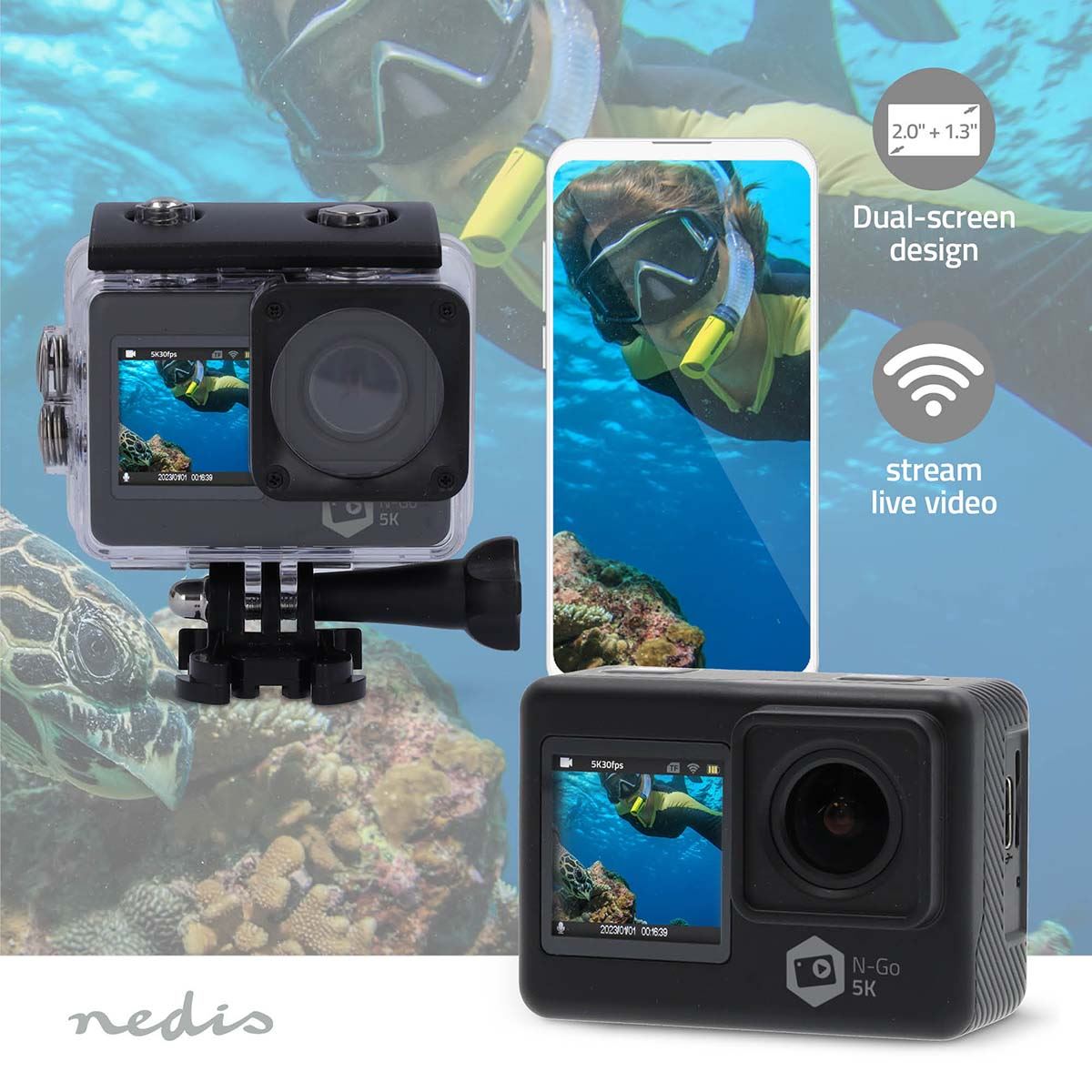 Nedis Dual Screen Action Cam, 5K Ultra HD 30fps, 16MP 170 Degree Wide Angle, Waterproof 30m, Wi-Fi Live Stream with 2" TFT Rear Screen & 1.3" Front Screen, Built-in Mic, Mounting Kit Included