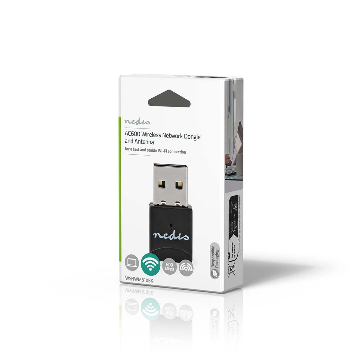 Nedis Network Dongle | Wi-Fi | AC600 | 2.4/5 GHz (Dual Band) | USB2.0 | Wi-Fi speed total: 600 Mbps | Windows 10 / Windows 11 / Windows 8