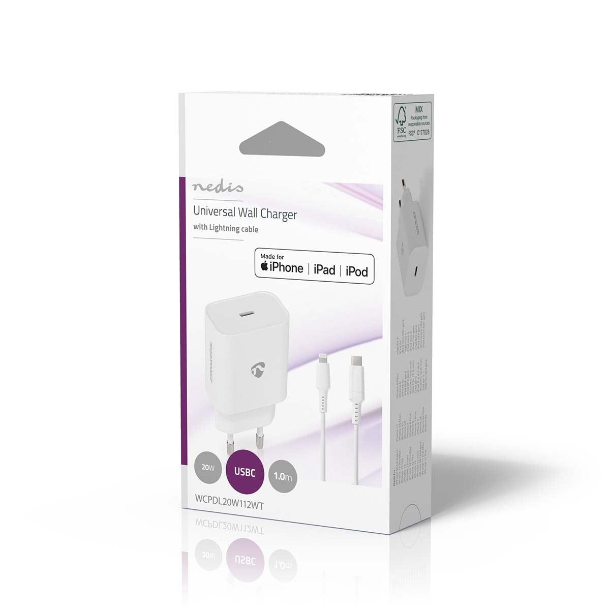 Nedis EU Euro Travel Wall Charger | 20 W | PD3.0 20W | Quick charge feature | 1.67 / 2.22 / 3.0 A | Number of outputs: 1 | USB-C™ | Lightning 8-Pin (Loose) Cable | 1.00 m | Automatic Voltage Selection | White
