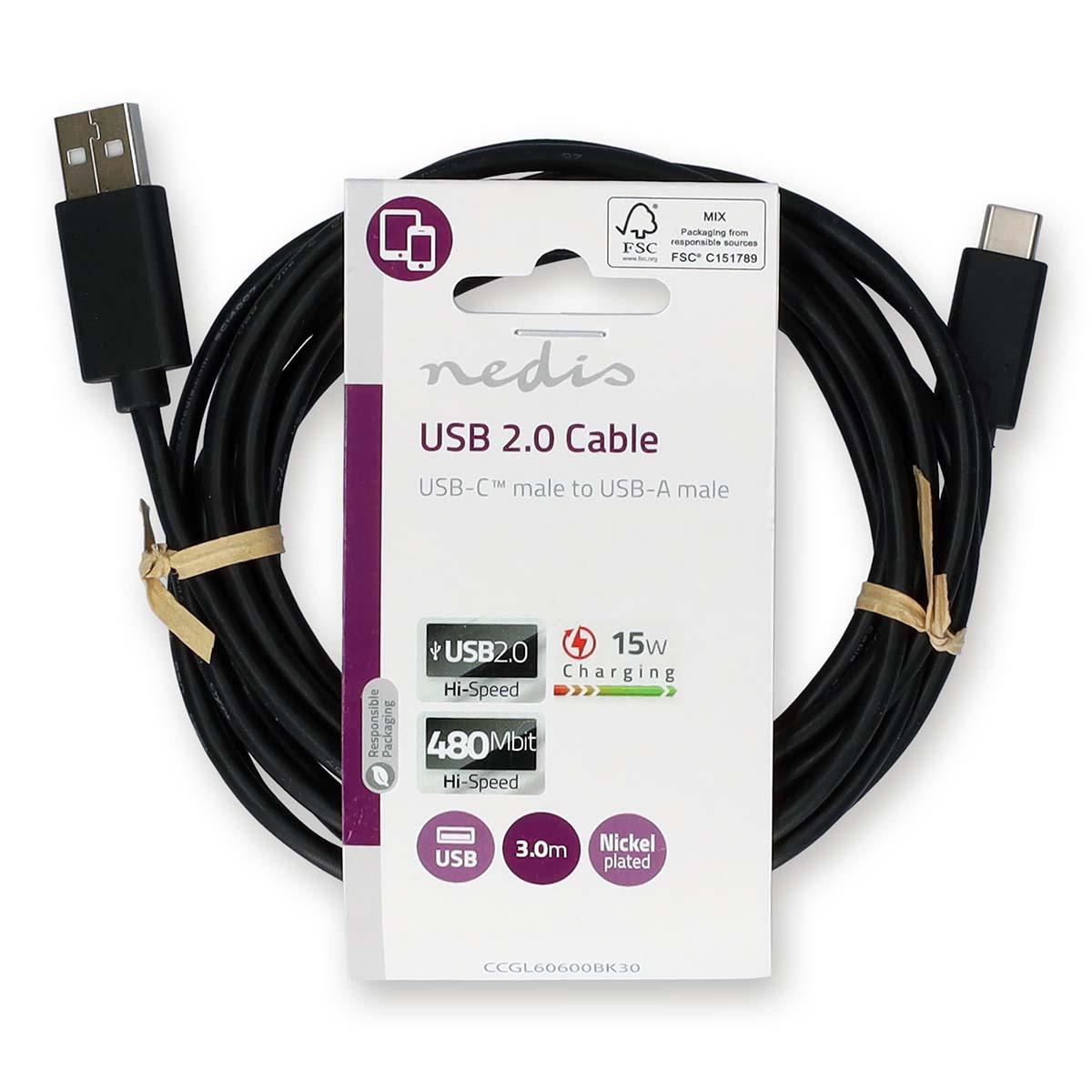 Nedis USB Cable | USB 2.0 | USB-A Male | USB-C™ Male | 15 W | 480 Mbps | Nickel Plated | 3.00 m | Round | PVC | Black | Label
