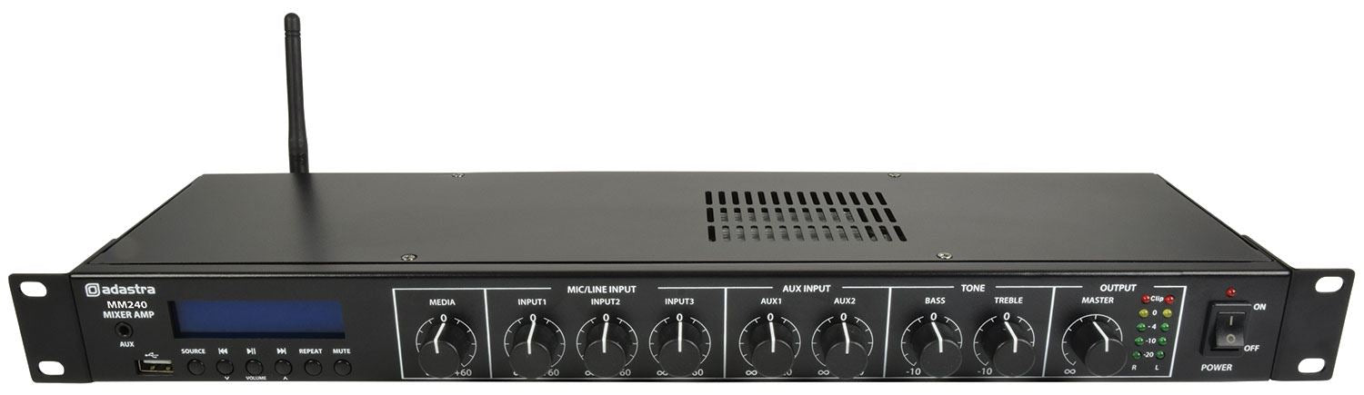 Adastra MM240 1U Rack Mount Mixer Amplifier 2 x 120W with USB, DAB+, FM & Bluetooth