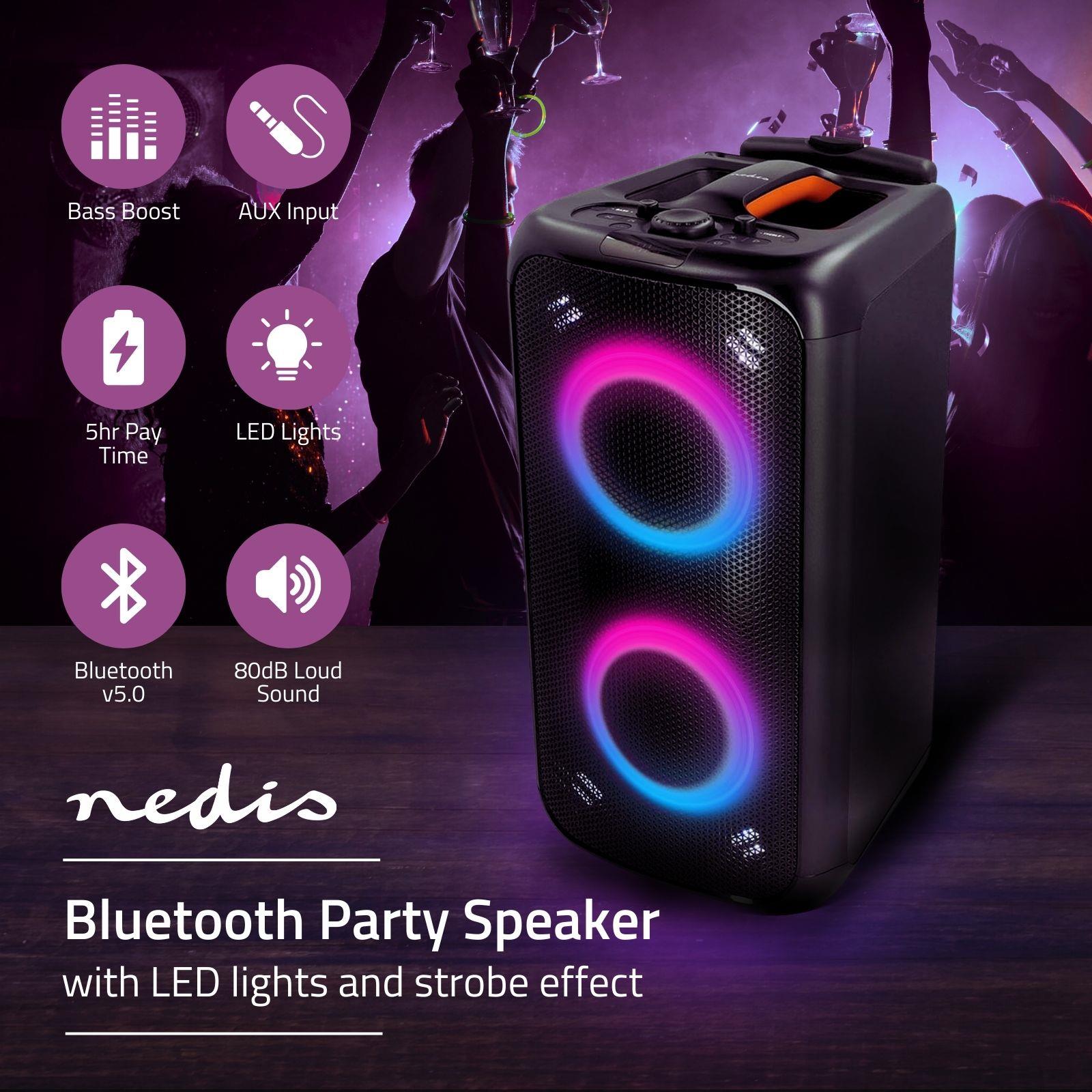 Nedis Party Box 240w Wireless Bluetooth Party Speaker, 5H Playtime, Portable Design, Dynamic Light Show, IPX4 Splashproof, AI Sound Boost, Microphone Input, Black
