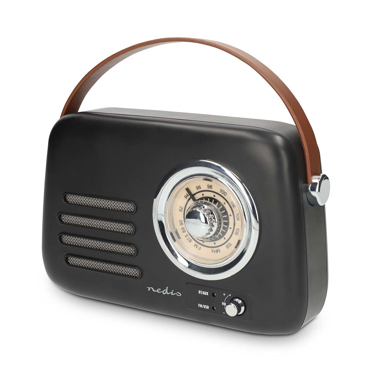 Nedis Retro FM Radio Bluetooth Portable Radio Speaker, USB Playback, AUX Input, Subwoofer Bass, Rechargeable Battery, USB-C