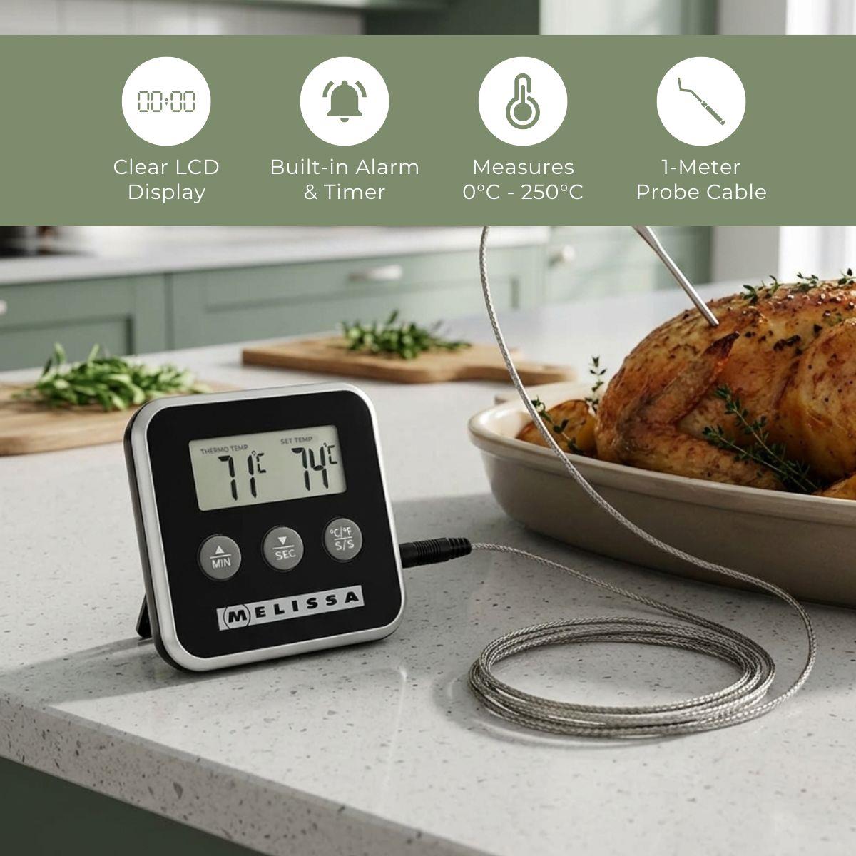 Melissa Leave-in Digital Food, Meat, Baking Thermometer Temperature Probe Cooking Kitchen BBQ, with Alarm, Timer - Black