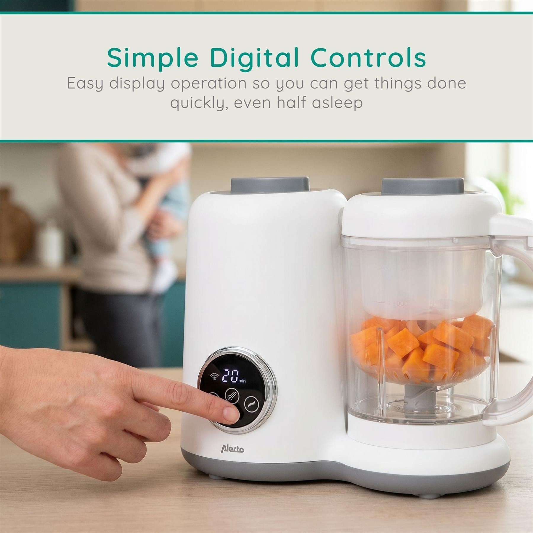 Alecto 5-in-1 Baby Food Maker, One Step Baby Food Processor Blender Grinder Puree Maker, Blend, Warm, Sterilize, Steam Cook, BPA-Free