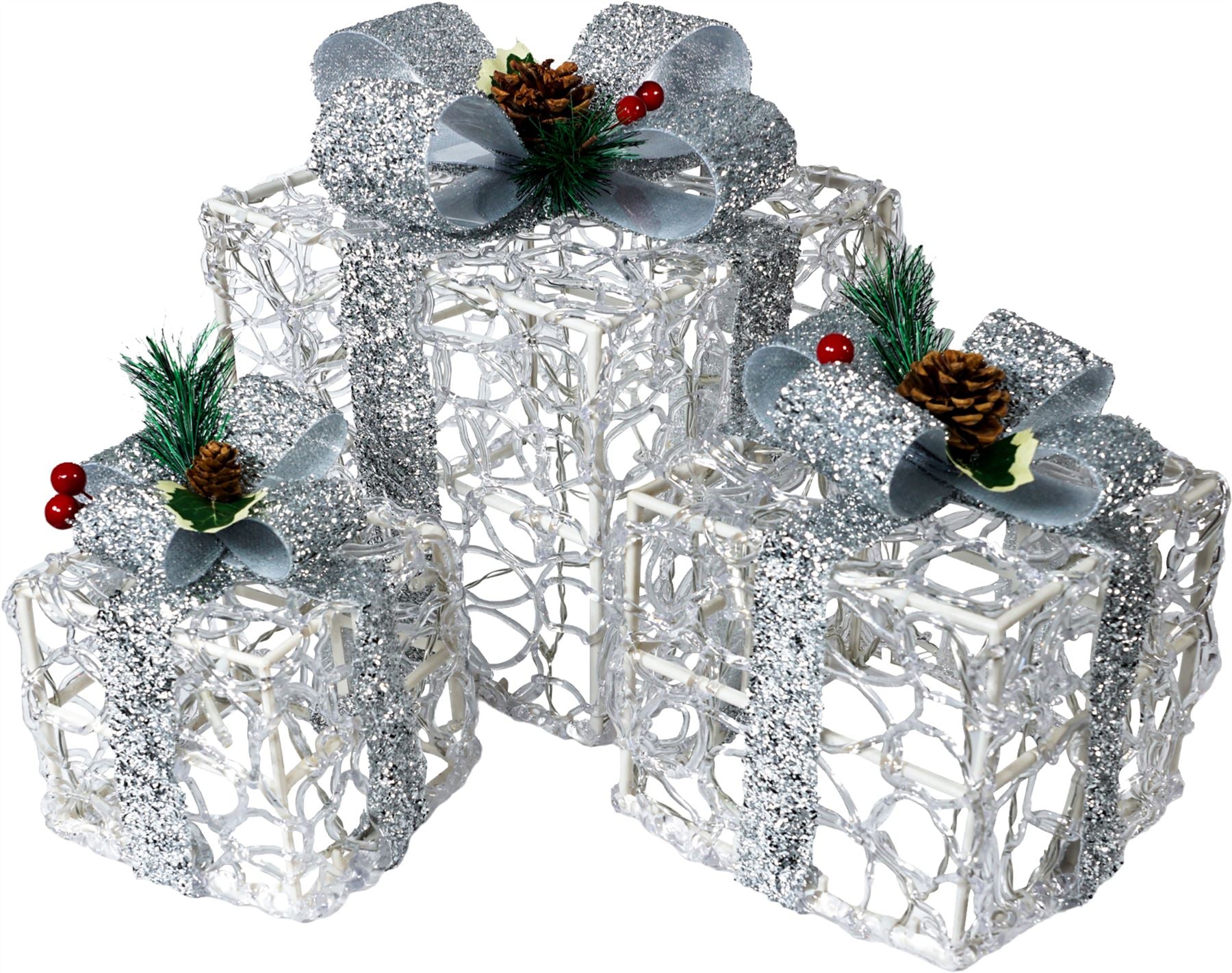 Set of 3 LED Light Up Christmas Gift Present Box Decoration Battery Operated With Timer 8 Patterns and 60 LED's - Silver
