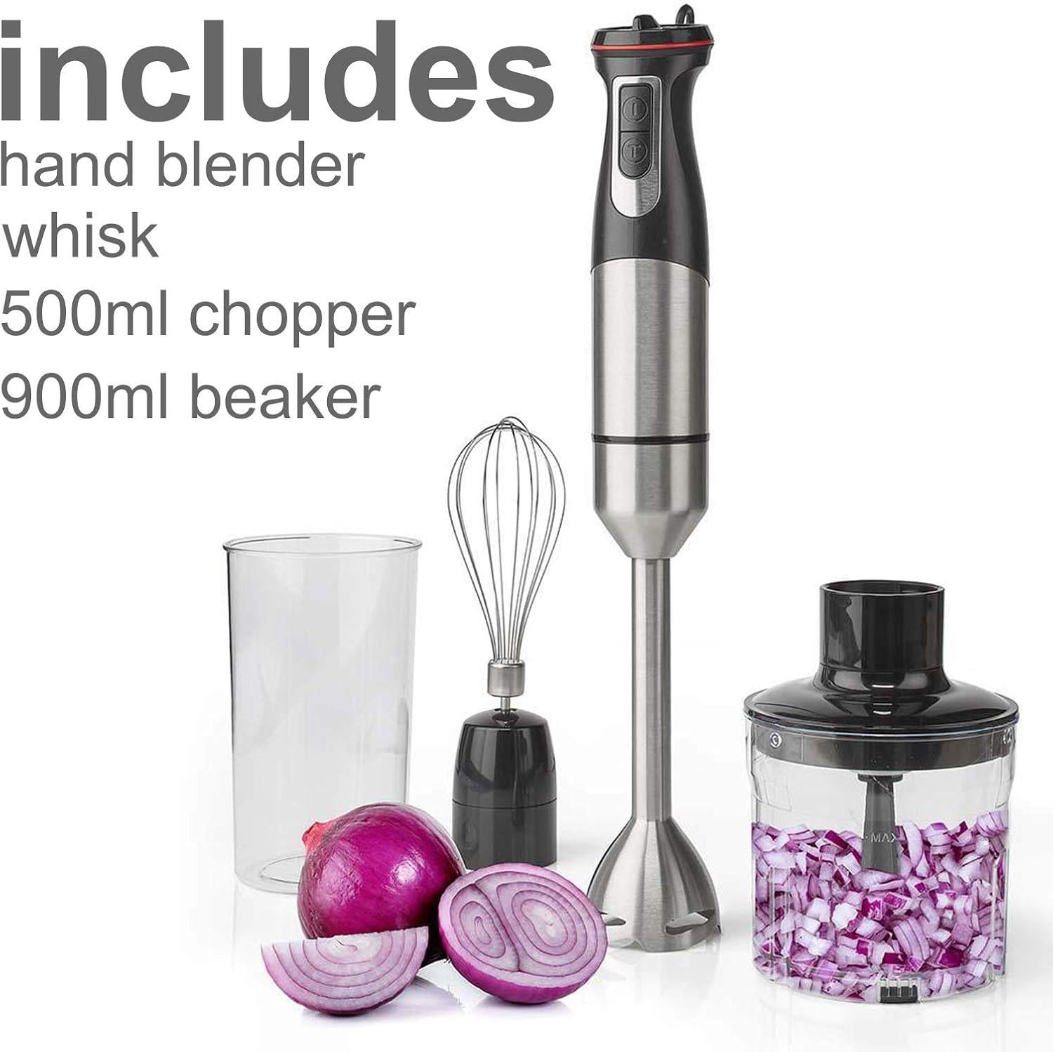 Nedis 3 in 1 Hand Blender, 800W Mini Chopper Food Processor, Immersion Blender and Electric Whisk, with 500ml Chopper Bowl and 900ml Beaker - Silver/Black