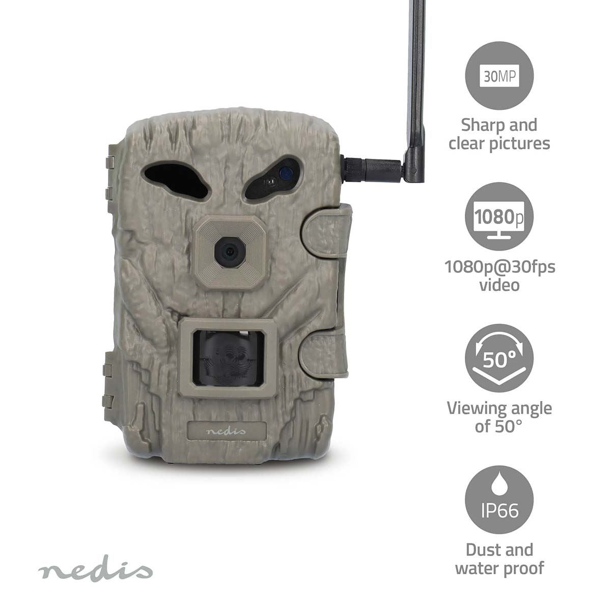 Nedis Wildlife Camera 4G LTE Sim HD Trail Camera 30MP 50 Degree with Time Lapse 20m Black LED Night Vision Motion Activated Hunting Camera IP65 Waterproof 0.3s Trigger Time for Wildlife Monitoring