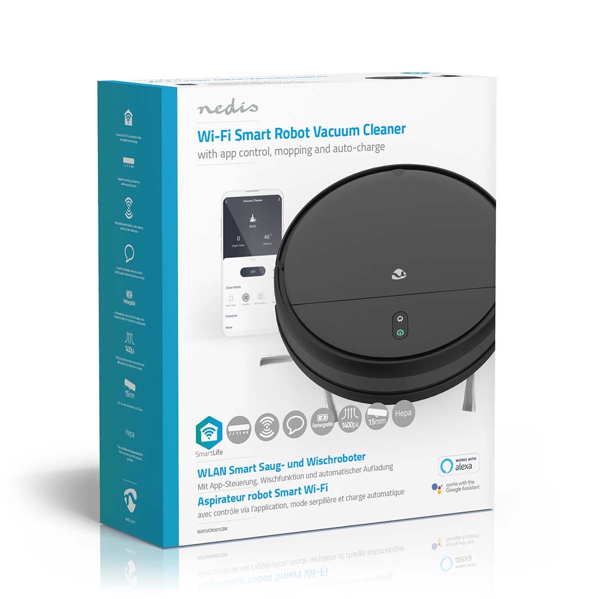 Nedis SmartLife Robot Vacuum Cleaner | Random | Wi-Fi | Capacity collection reservoir: 0.2 l | Automatic charging | Maximum operating time: 1.8 hrs | Black | Android™ / IOS