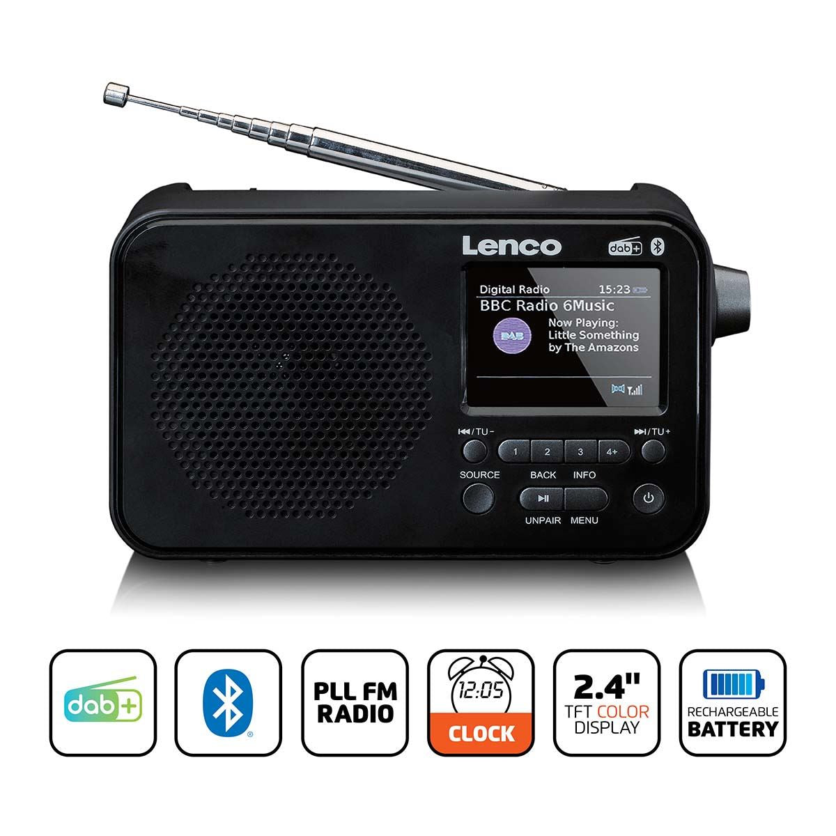 Lenco Portable DAB+ FM Radio with Bluetooth® Speaker | 2.4" TFT LCD Display | Black