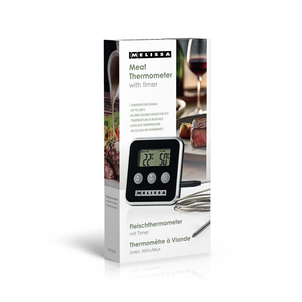 Melissa Leave-in Digital Food, Meat, Baking Thermometer Temperature Probe Cooking Kitchen BBQ, with Alarm, Timer - Black