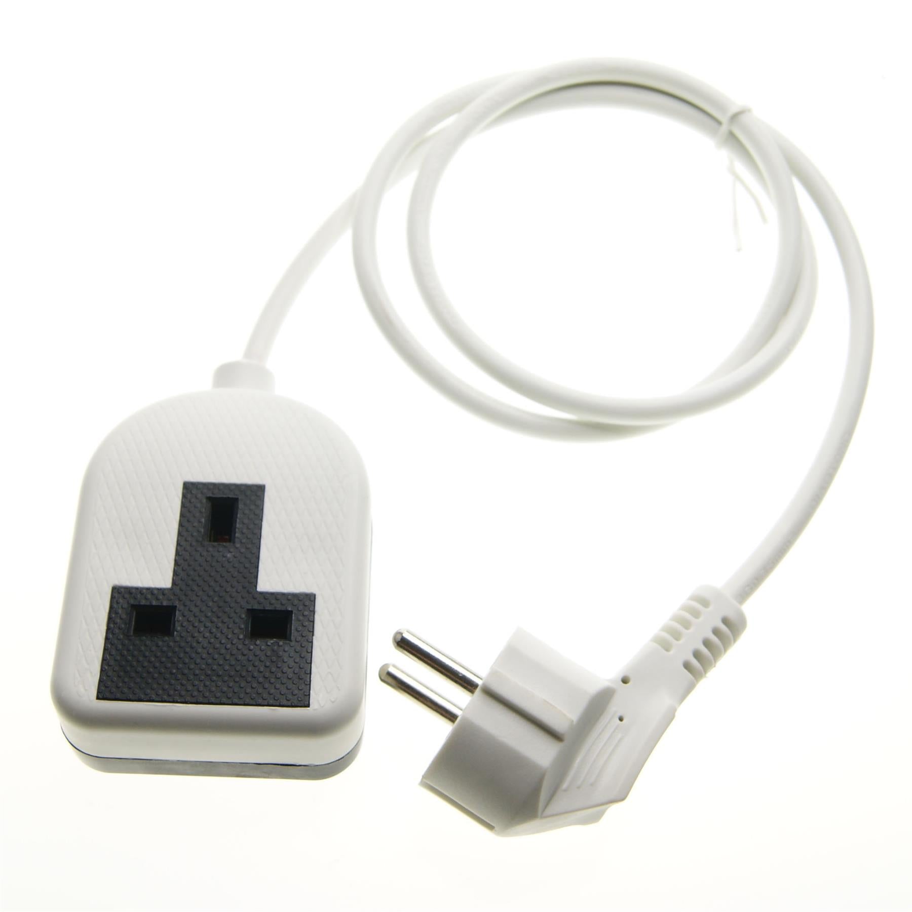 Euro EU French 1m Schuko Plug to 1 Gang White 13A UK Socket Hybrid Generator Adapter Fly Lead for Caravan Motor Home