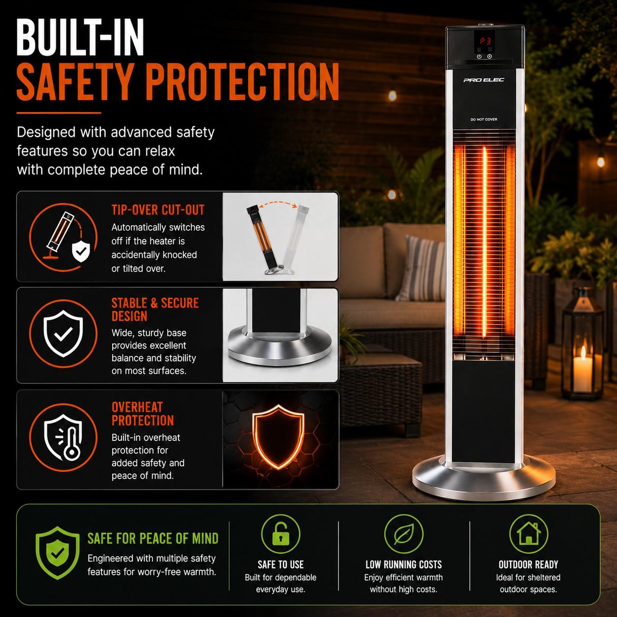 Free Standing Infrared Patio Heater - Carbon Fibre Outdoor Heater with Remote Control, 3 Heat Settings, Tip-Over Protection
