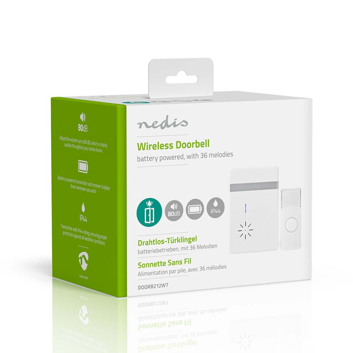 Nedis Wireless Doorbell, Battery Powered Cordless Door Chime Kit with 300m Range, 36 Chimes, Blue LED and 80dB Volume - White