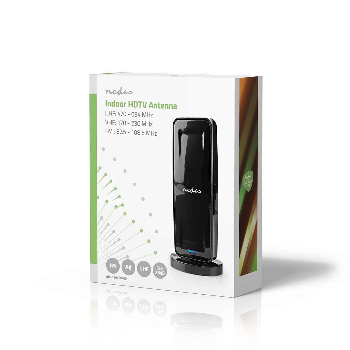 Nedis Indoor HDTV Antenna 15km 28dB High Gain, Digital DVB-T/DVB-T2 / UHF/VHF/FM TV Aerial for Freeview and Analogue Signals, with 4G LTE700 Filter