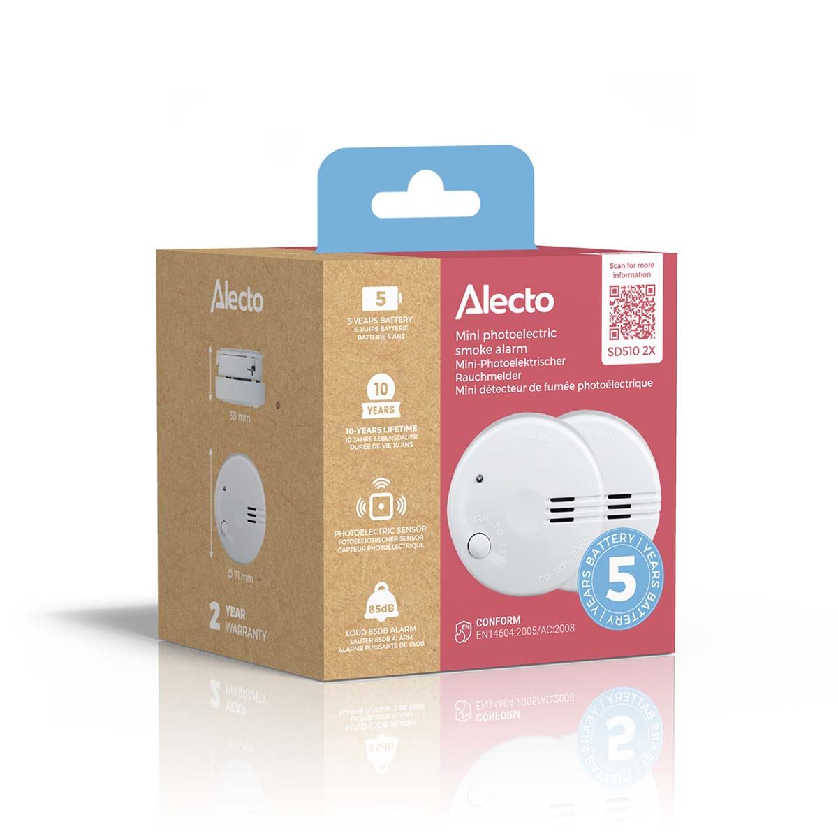 Alecto SD510 2 Pack Mini Smoke detector with Hush Button | >85 dB | 5 Year Battery Powered | EN14604:2005/AC:2008 | White