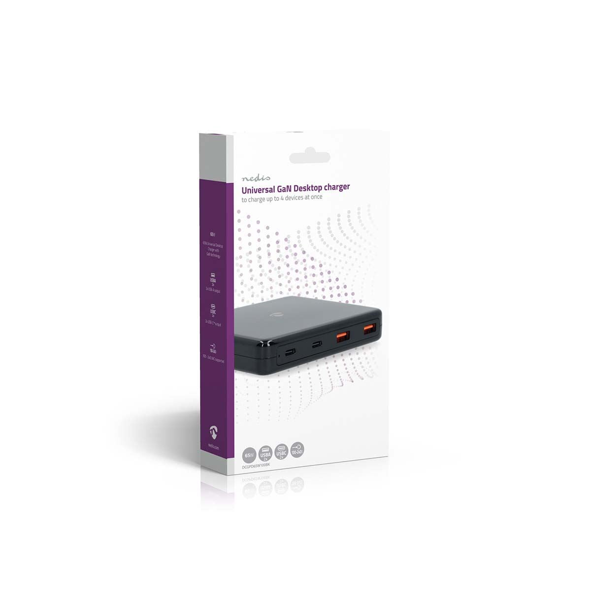 Nedis Desk Chargers | 65 W | GaN | 1.5 / 2.0 / 2.5 / 3.0 / 3.25 A | Number of outputs: 4 | USB-A / USB-C™ | Euro | 1.50 m | Automatic Voltage Selection