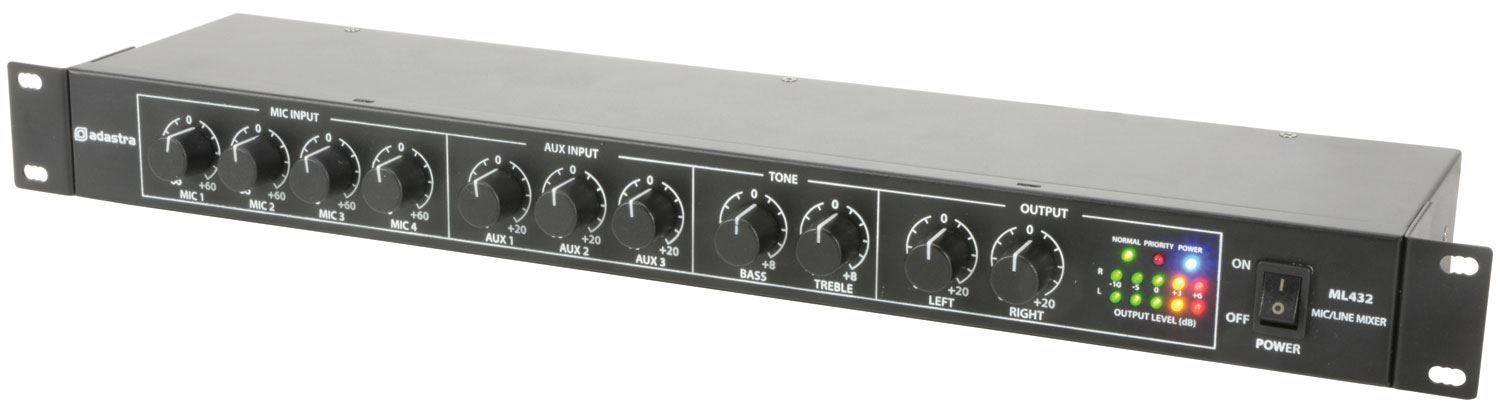 Adastra ML432 4 Mic + 3 Aux Multi Purpose Rack Mount Mixer 1U