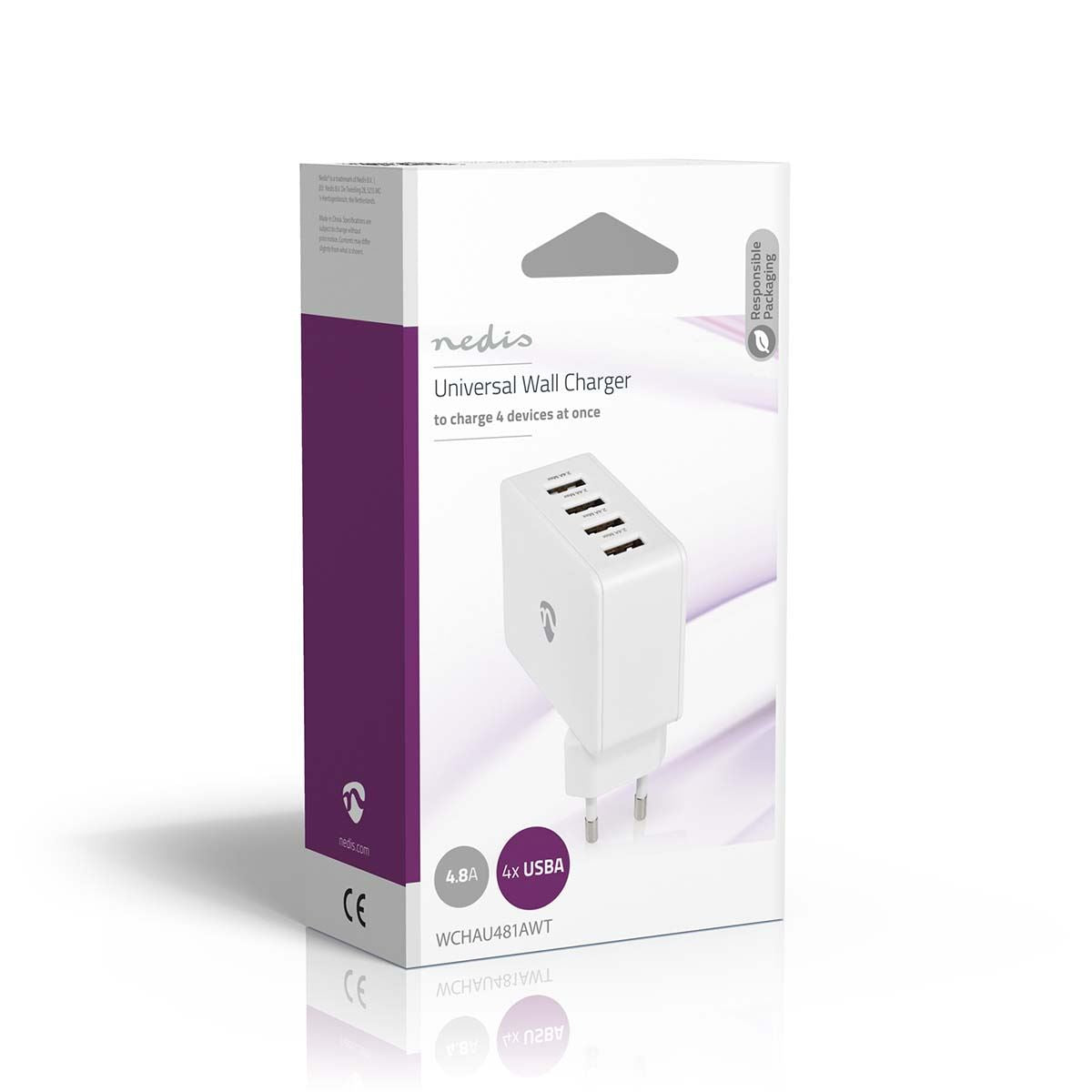 Nedis EU Euro Travel Wall Charger | 24 W | Quick charge feature | 4x 2.4 A | Number of outputs: 4 | 4x USB-A | No Cable Included | Single Voltage Output | White