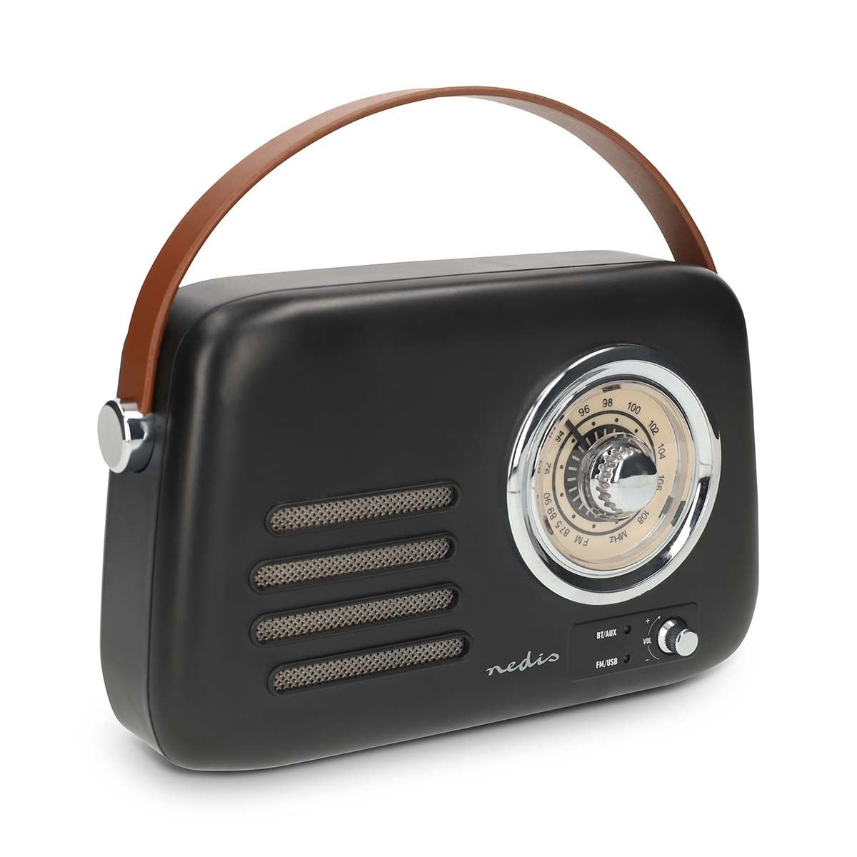 Nedis Retro FM Radio Bluetooth Portable Radio Speaker, USB Playback, AUX Input, Subwoofer Bass, Rechargeable Battery, USB-C