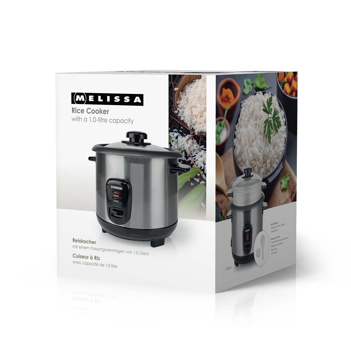 MELISSA 1L Rice Cooker with Keep-Warm Function & Boil Dry Protection, 500W, for 1-6 People, Quick Preparation Without Burning, Non-Stick Coating, Stainless Steel