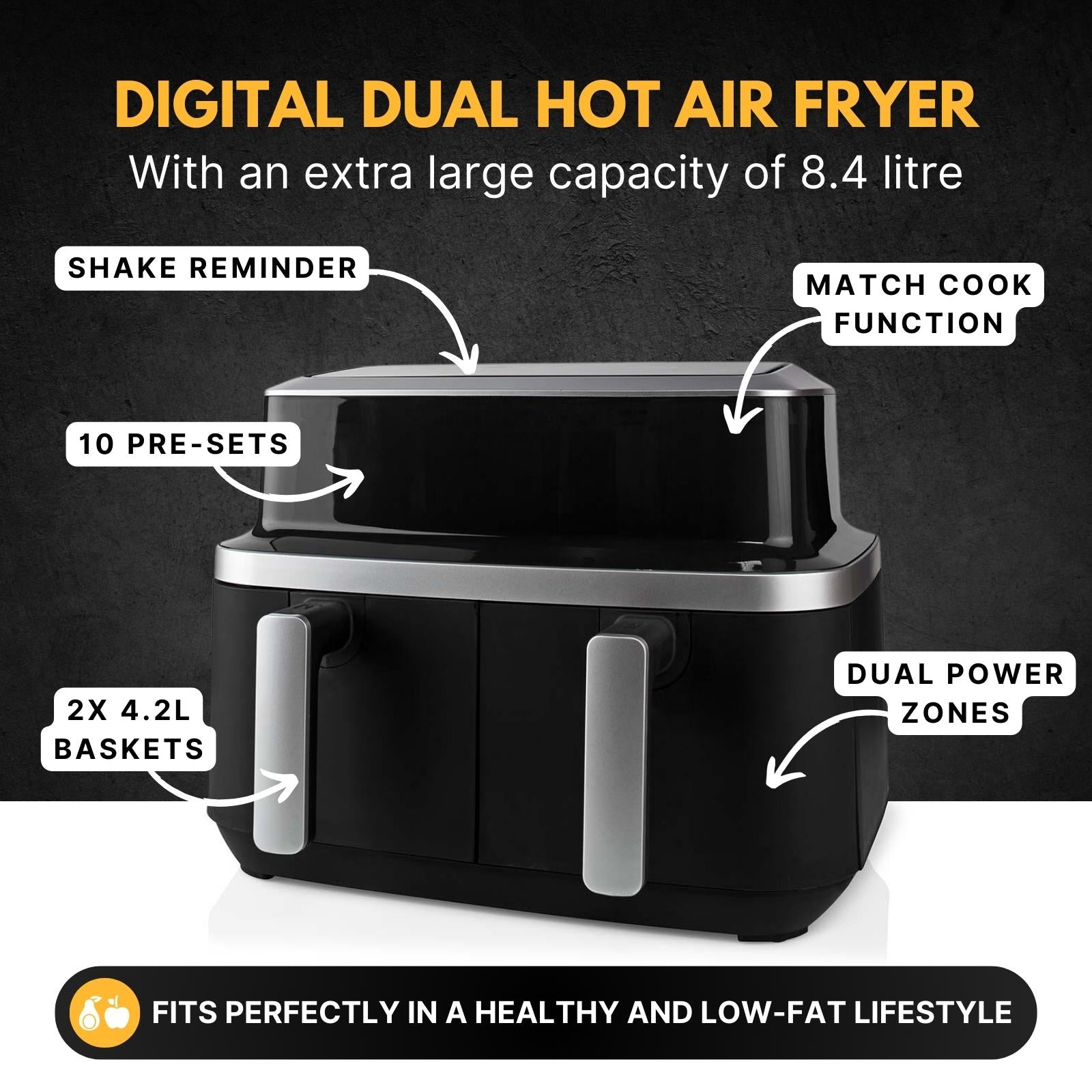Nedis 8.4L Hot Air Fryer Family Dual Basket Air Fryer with Smart Finish, 10 Pre-Sets and Digital Control Panel - Black
