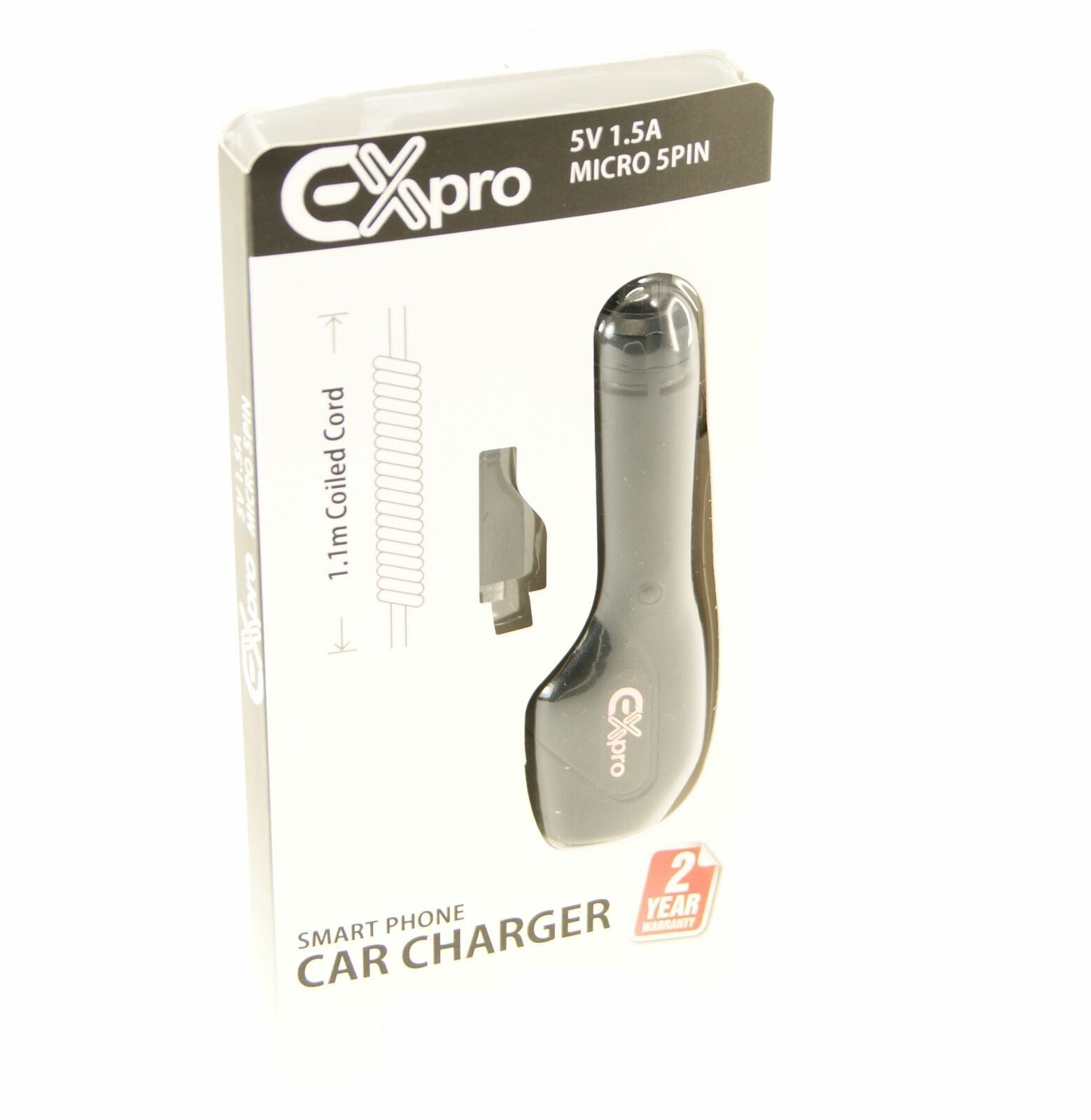 Ex-Pro In-Car Micro-B Power Charger 5v 1.5A with Coiled Cable for Smart Phones