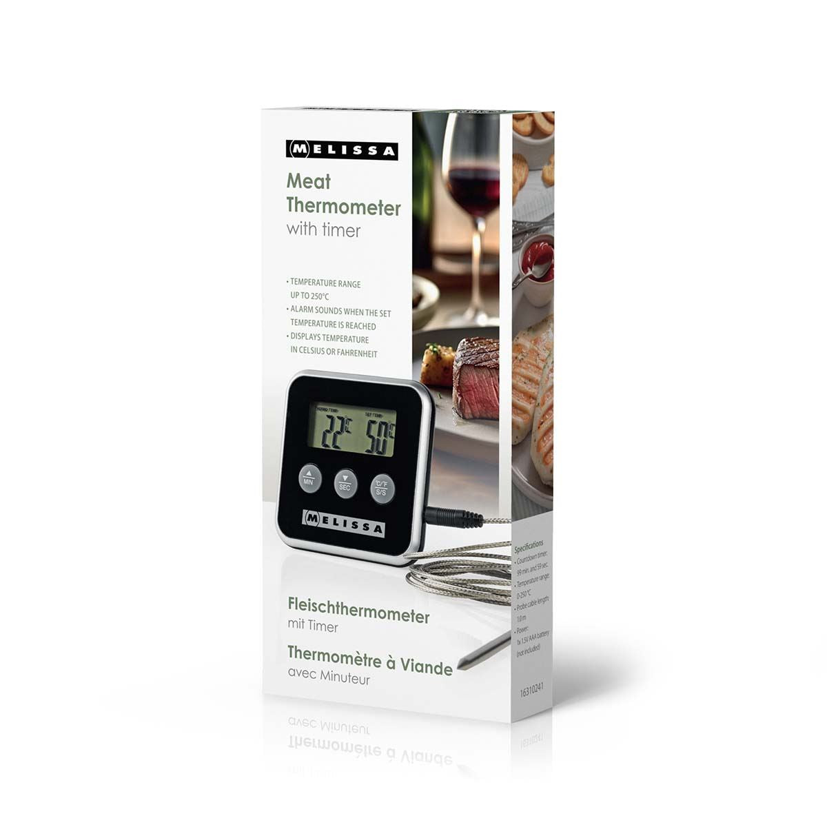 MELISSA Meat Thermometer | Alarm / Timer | LCD Display | 0 - 250 °C | Black / Silver