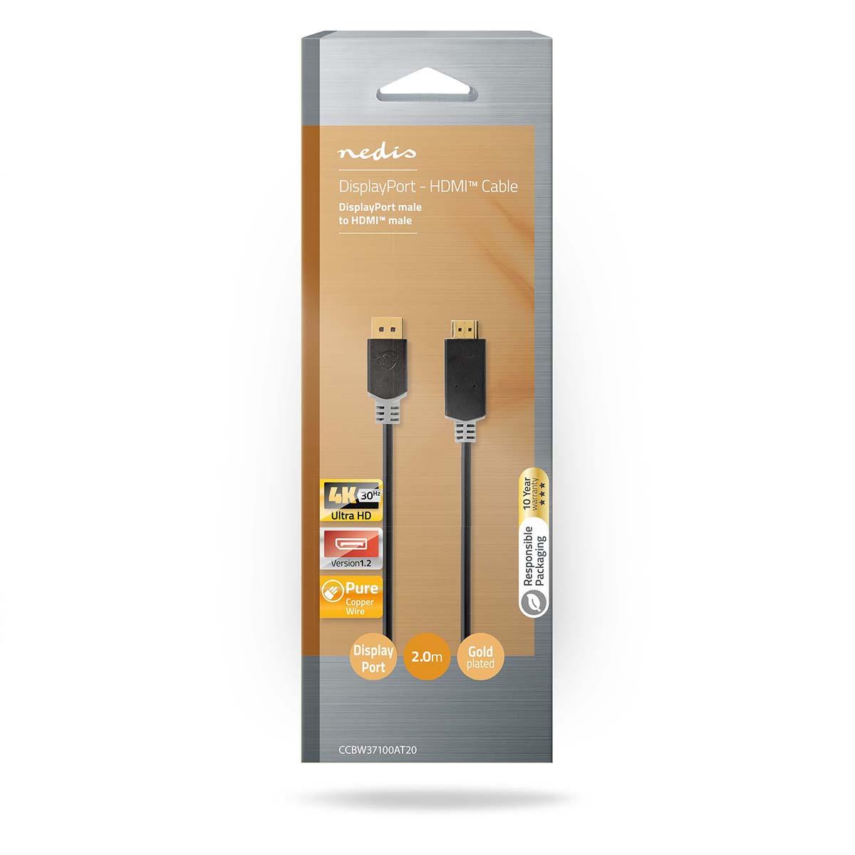 Nedis DisplayPort Cable | DisplayPort Male | HDMI™ Connector | 4K@30Hz | Gold Plated | 2.00 m | Round | PVC | Anthracite | Box